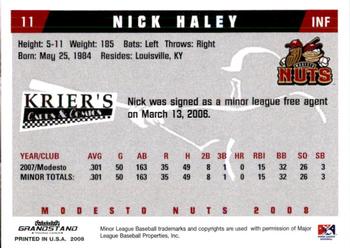 2008 Grandstand Modesto Nuts #11 Nick Haley Back
