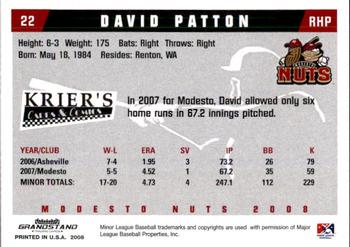 2008 Grandstand Modesto Nuts #19 David Patton Back