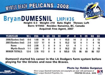 2008 Grandstand Myrtle Beach Pelicans #8 Bryan Dumesnil Back