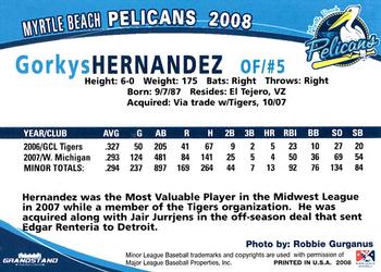 2008 Grandstand Myrtle Beach Pelicans #14 Gorkys Hernandez Back