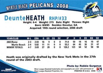 2008 Grandstand Myrtle Beach Pelicans #16 Deunte Heath Back