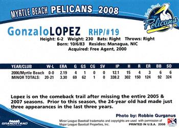 2008 Grandstand Myrtle Beach Pelicans #18 Gonzalo Lopez Back