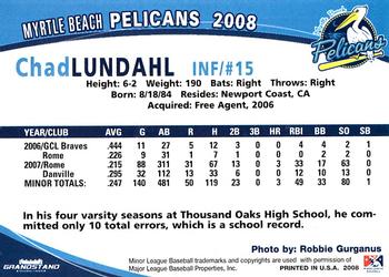 2008 Grandstand Myrtle Beach Pelicans #19 Chad Lundahl Back