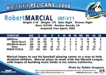 2008 Grandstand Myrtle Beach Pelicans #21 Robert Marcial Back