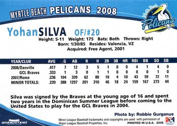 2008 Grandstand Myrtle Beach Pelicans #27 Yohan Silva Back