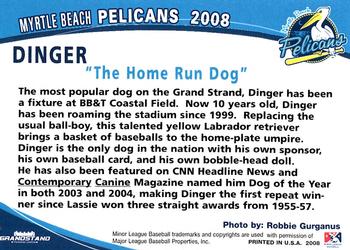 2008 Grandstand Myrtle Beach Pelicans #34 Dinger Back
