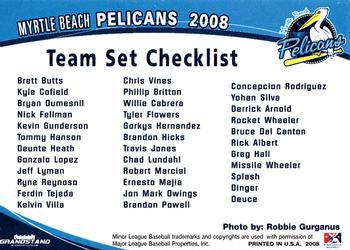 2008 Grandstand Myrtle Beach Pelicans #NNO Checklist Back