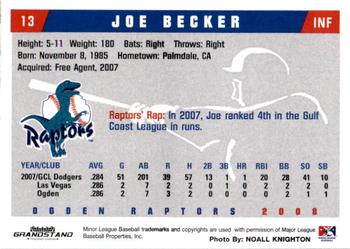 2008 Grandstand Ogden Raptors #NNO Joe Becker Back