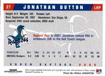 2008 Grandstand Ogden Raptors #NNO Jonathan Dutton Back