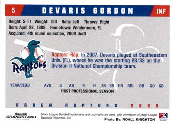 2008 Grandstand Ogden Raptors #NNO Devaris Gordon Back