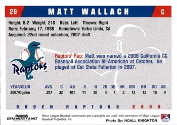 2008 Grandstand Ogden Raptors #NNO Matt Wallach Back