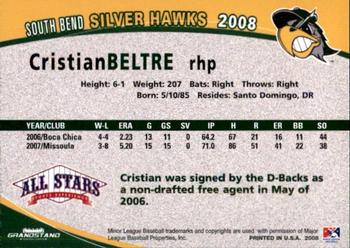 2008 Grandstand South Bend Silver Hawks #3 Cristian Beltre Back