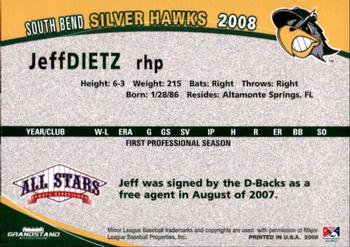 2008 Grandstand South Bend Silver Hawks #7 Jeff Dietz Back