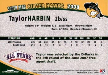 2008 Grandstand South Bend Silver Hawks #12 Taylor Harbin Back
