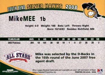 2008 Grandstand South Bend Silver Hawks #16 Mike Mee Back