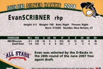 2008 Grandstand South Bend Silver Hawks #24 Evan Scribner Back