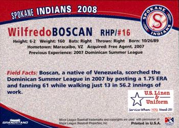 2008 Grandstand Spokane Indians #NNO Wilfredo Boscan Back