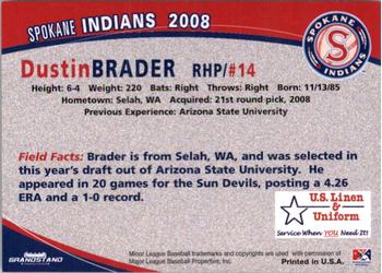2008 Grandstand Spokane Indians #NNO Dustin Brader Back