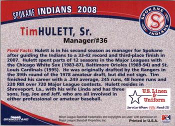 2008 Grandstand Spokane Indians #NNO Tim Hulett Sr. Back