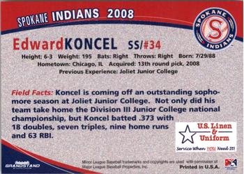 2008 Grandstand Spokane Indians #NNO Edward Koncel Back