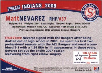 2008 Grandstand Spokane Indians #NNO Matt Nevarez Back