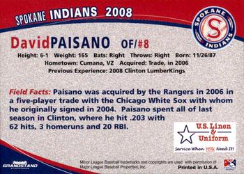 2008 Grandstand Spokane Indians #NNO David Paisano Back