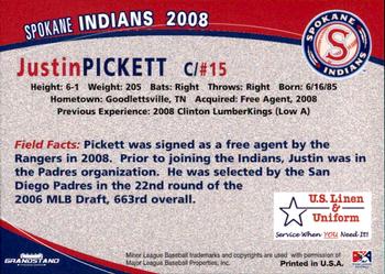 2008 Grandstand Spokane Indians #NNO Justin Pickett Back