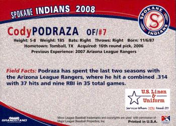 2008 Grandstand Spokane Indians #NNO Cody Podraza Back