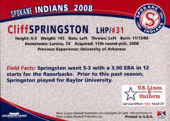 2008 Grandstand Spokane Indians #NNO Cliff Springston Back
