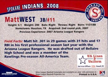 2008 Grandstand Spokane Indians #NNO Matt West Back