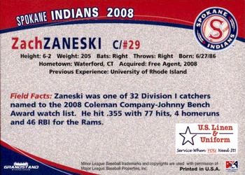 2008 Grandstand Spokane Indians #NNO Zach Zaneski Back