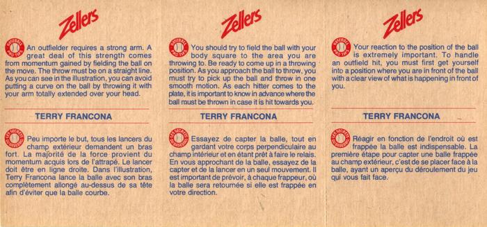 1982 Zellers Montreal Expos - 3-Card Panels #11A / 11B / 11C Terry Francona Back