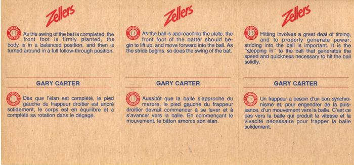1982 Zellers Montreal Expos - 3-Card Panels #19A / 19B / 19C Gary Carter Back