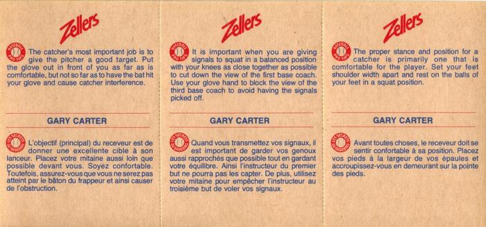1982 Zellers Montreal Expos - 3-Card Panels #1A / 1B / 1C Gary Carter Back