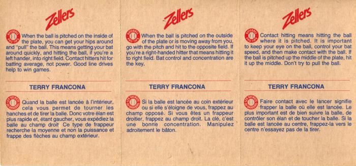 1982 Zellers Montreal Expos - 3-Card Panels #5A / 5B / 5C Terry Francona Back