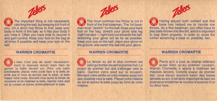 1982 Zellers Montreal Expos - 3-Card Panels #7A / 7B / 7C Warren Cromartie Back
