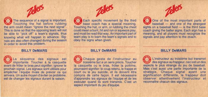 1982 Zellers Montreal Expos - 3-Card Panels #9A / 9B / 9C Billy DeMars Back