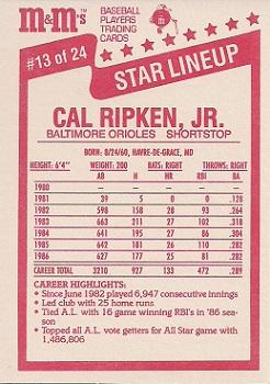1987 M&M's Star Lineup #13 Cal Ripken Jr. Back