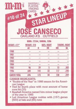1987 M&M's Star Lineup #10 Jose Canseco Back