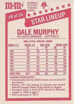 1987 M&M's Star Lineup #9 Dale Murphy Back