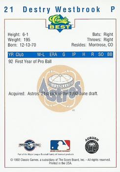 1992 Classic Best Auburn Astros #21 Destry Westbrook Back