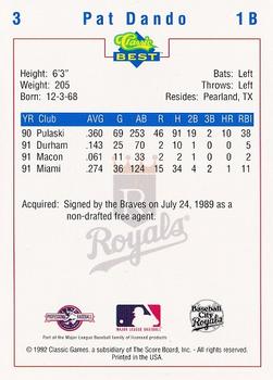 1992 Classic Best Baseball City Royals #3 Pat Dando Back
