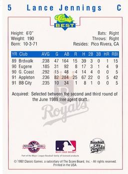 1992 Classic Best Baseball City Royals #5 Lance Jennings Back