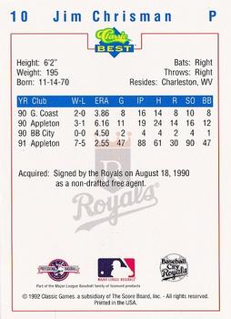 1992 Classic Best Baseball City Royals #10 Jim Chrisman Back