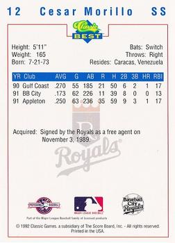 1992 Classic Best Baseball City Royals #12 Cesar Morillo Back