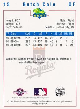 1992 Classic Best Baseball City Royals #15 Butch Cole Back