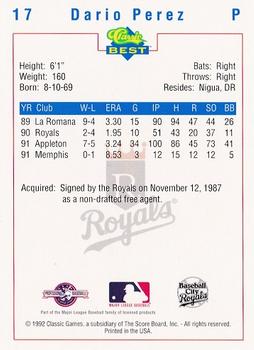 1992 Classic Best Baseball City Royals #17 Dario Perez Back
