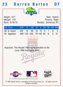 1992 Classic Best Baseball City Royals #23 Darren Burton Back