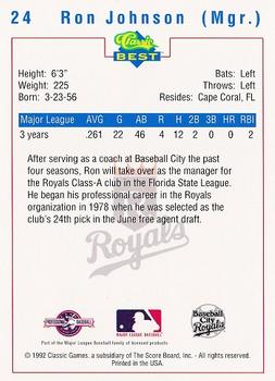 1992 Classic Best Baseball City Royals #24 Ron Johnson Back