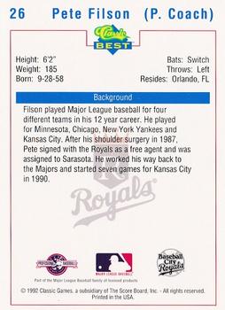 1992 Classic Best Baseball City Royals #26 Pete Filson Back